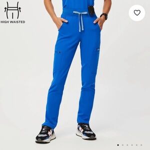 Figs High-Waisted Scrub Pants in Royal Blue with Light Blue Drawstring